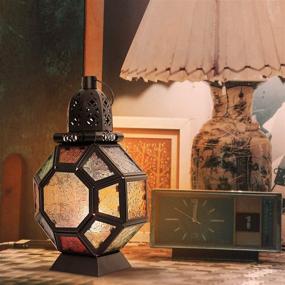 img 1 attached to 🏮 Lewondr Retro Iron Candle Lantern: Portable Moroccan Wrought Iron Stained Glass Candle Holder Hanging Lamp Horse Light Wind Lantern for Home Decor – Black + Colorful
