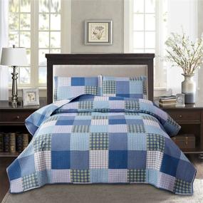 img 4 attached to 🟡 Plaid Ultra Lightweight Quilt Set King Size - Blue Yellow White Stripes Checkered Pattern Coverlet Bedding Sets for All Season Use