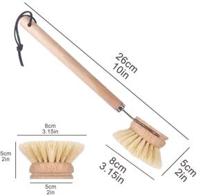 img 3 attached to 🧽 AMERWASH PLUS Classic Dish Washing Brush with Natural Tampico Fiber Scrubber - 10 Inches Long Handle Wooden Kitchen Cleaning Brush - Includes Extra 3 Packs Replacement Heads