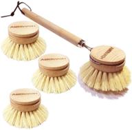 🧽 amerwash plus classic dish washing brush with natural tampico fiber scrubber - 10 inches long handle wooden kitchen cleaning brush - includes extra 3 packs replacement heads logo
