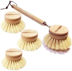 img 4 attached to 🧽 AMERWASH PLUS Classic Dish Washing Brush with Natural Tampico Fiber Scrubber - 10 Inches Long Handle Wooden Kitchen Cleaning Brush - Includes Extra 3 Packs Replacement Heads