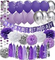 🎉 vibrant purple birthday party decorations: selena inspired pom poms, happy birthday banner, latex balloons, and paper garland logo