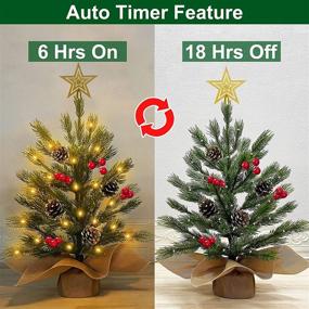 img 1 attached to 🎄 TURNMEON 18 Inch Snow Flocked Prelit Tabletop Christmas Tree - Realistic Feel, 30 Warm Lights, Timer, 8 Modes - Star, Red Berries, Pine Cones - Battery Operated, Perfect for Christmas Decorations, Home Indoor