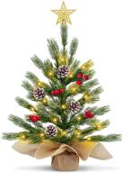 🎄 turnmeon 18 inch snow flocked prelit tabletop christmas tree - realistic feel, 30 warm lights, timer, 8 modes - star, red berries, pine cones - battery operated, perfect for christmas decorations, home indoor logo
