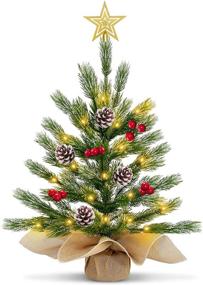 img 4 attached to 🎄 TURNMEON 18 Inch Snow Flocked Prelit Tabletop Christmas Tree - Realistic Feel, 30 Warm Lights, Timer, 8 Modes - Star, Red Berries, Pine Cones - Battery Operated, Perfect for Christmas Decorations, Home Indoor