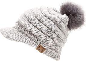 img 4 attached to MIRMARU Women's Soft Warm Ribbed Knit Visor Brim Pom Pom Beanie Hat with Cozy Plush Lining