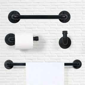 img 3 attached to HouseAid 4-Piece Industrial Pipe Towel Holder Set: Rustic Steel Rack Kit for Bathroom, Wall Mounted Matte Black