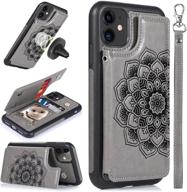 📱 caseowl iphone 11 case with card holder, rfid blocking, kickstand, wrist strap, magnetic car mount compatible, embossed mandala leather flip cover wallet case for iphone 11 (2019) - gray logo