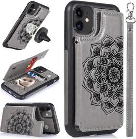 img 4 attached to 📱 CASEOWL iPhone 11 Case with Card Holder, RFID Blocking, Kickstand, Wrist Strap, Magnetic Car Mount Compatible, Embossed Mandala Leather Flip Cover Wallet Case for iPhone 11 (2019) - Gray