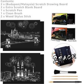 img 3 attached to 🌈 DIY Scratch Paper Rainbow Painting - Night View Scratchboard for Adults and Kids | Budapest/Malaysia - 2 Packs, Pen, Clean Brush - Creative Gift - 16” x 11.2”
