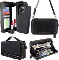 📱 harryshell iphone 12 pro max 6.7 inch case wallet - multi-zipper clutch purse with card slots & mirror - detachable magnetic cover - crossbody chain & wrist strap - black logo