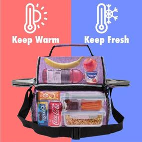 img 3 attached to 🥪 OPUX Insulated Dual Compartment Lunch Bag for Women | Reusable Double Deck Lunch Pail Cooler Bag with Shoulder Strap | Soft Leakproof Liner | Large Lunch Box Tote for Work & School | Purple