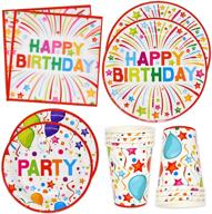 🎉 party supplies tableware set - happy birthday theme - 24 9" plates, 24 7" plate, 24 9 oz. cups, 50 lunch napkins - perfect for adult, teens, kids - boys, girls - balloon confetti rainbow b-day parties - disposable paper goods decor logo