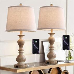 img 2 attached to 🏡 Set of 2 Farmhouse Table Lamps, 26-Inch Resin Bedside Nightstand Lights with Dual USB Ports, Rustic Bedroom Lamp for Living Room Office, 2 Pack (Antique Beige Base, Beige Shade)
