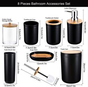 img 3 attached to 🚽 Black Bathroom Accessories Set – 8 Pieces Plastic Bath Set with Lotion Bottles, Toothbrush Holder, Cup, Soap Dish, Toilet Brush, Trash Can, and Cotton Swab Storage Box