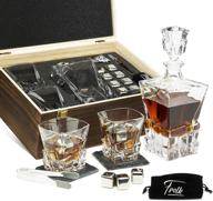 🥃 premium whiskey decanter set for both men and women - includes whiskey decanter, 2 whiskey glasses, 8 stainless steel whiskey cubes, 2 coasters, silicone-tipped tongs & freezer pouch - presented in a stylish pinewood box logo