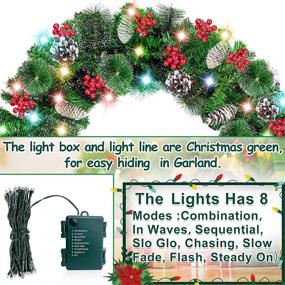 img 3 attached to 🎄 TURNMEON 9 ft x 10 in Christmas Garland with 100 Lights Timer 8 Modes, Christmas Decoration Pinecones 198 Berries Battery Operated Xmas Wreath for Indoor Outdoor Mantle Fireplace Decor - Colorful