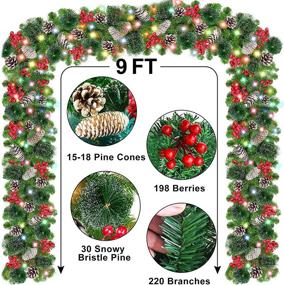 img 2 attached to 🎄 TURNMEON 9 ft x 10 in Christmas Garland with 100 Lights Timer 8 Modes, Christmas Decoration Pinecones 198 Berries Battery Operated Xmas Wreath for Indoor Outdoor Mantle Fireplace Decor - Colorful