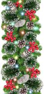 🎄 turnmeon 9 ft x 10 in christmas garland with 100 lights timer 8 modes, christmas decoration pinecones 198 berries battery operated xmas wreath for indoor outdoor mantle fireplace decor - colorful logo