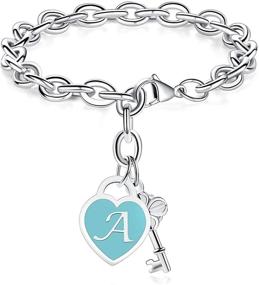 img 4 attached to 💖 Personalized Heart Engraved Alphabet Initial Bracelets - Tony & Sandy Stainless Steel Silver Charms Bracelet with Cute Key. Perfect Birthday or Christmas Jewelry Gift for Women and Teen Girls.
