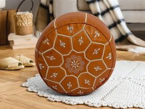 img 3 attached to 👑 Premium Moroccan Leather Pouf Cover by KING OF HANDMADE - Round & Large Ottoman Footstool Cover with Embroidery - Cover ONLY - Ideal for Living Room, Bedroom, Kids Room, Gift & Wedding - Tan 18 Inch