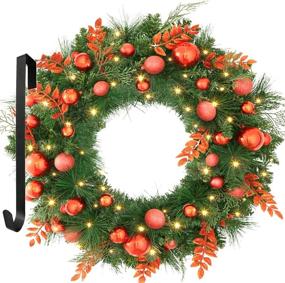 img 4 attached to 🎄 OasisCraft 24 Inch Prelit Red Christmas Wreath - Festive Front Door Decor with Battery Operated 50 LED Lights - Artificial Spruce Xmas Wreath