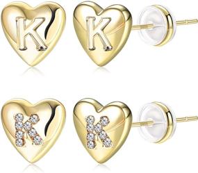 img 4 attached to 😍 HAIAISO Heart Initial Stud Earrings for Girls - 14K Gold Plated & S925 Sterling Silver Post - Hypoallergenic Letter Earrings for Girls and Women (2 Pairs)