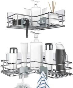 img 4 attached to 🚿 Premium Nieifi Adhesive Corner Shower Caddy Shelf Basket Rack with Hooks - Rust Proof Stainless Steel Bathroom Shelf Shampoo Holder - No Drilling - 2 Pack