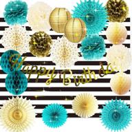 stylish teal & gold 40th birthday decorations for women: polka dot fans, happy birthday banner, & photography backdrop logo
