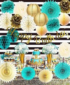 img 2 attached to Stylish Teal & Gold 40th Birthday Decorations for Women: Polka Dot Fans, Happy Birthday Banner, & Photography Backdrop