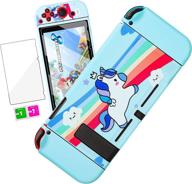🦄 cute kawaii cartoon design cover case for nintendo switch, fun funny fashion cool game shell with blue unicorn design - includes glass screen protector and tpu soft cases for girls, kids, women logo