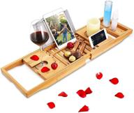 moclever bathtub caddy tray - bamboo bath tray with extendable sides, reading rack, tablet & cell phone holder, wine glass holder - natural bamboo color logo