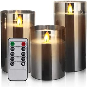 img 4 attached to Flameless Led Candles, Flickering Battery Operated Pillar Candles Real Wax with Moving Flame, Electric Candle Set in Gold Glass Finish, Remote Timer Included, Pack of 3 in Gray Shades