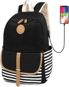 img 4 attached to 🎒 Stylish and Practical SCIONE School Backpacks for Women and Teen Girls: Lightweight Canvas Stripe Bookpack with USB Charging Port