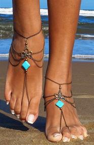img 2 attached to 👣 Босоножки Bienvenu из бирюзового цвета: Стильные пляжные украшения для ног и цепочки на запястье с кисточкой - набор из 2 штук