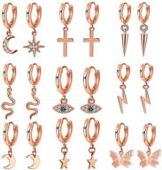 🦋 stylish 9 pairs huggie hoop earrings set with evil eye butterfly star dangles in gold, silver, and rose gold logo