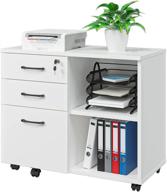 🗄️ panana wood file cabinet: 3 drawer mobile lateral filing cabinet on wheels with printer stand and open storage shelves for home office (white) logo