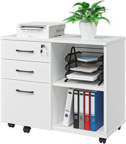 img 4 attached to 🗄️ Panana Wood File Cabinet: 3 Drawer Mobile Lateral Filing Cabinet on Wheels with Printer Stand and Open Storage Shelves for Home Office (White)