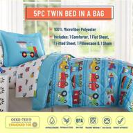 wildkin kids 5 pc twin bed in a bag for boys and girls: microfiber bedding set with comforter, sheets, pillow case, sham - olive kids, trains, planes, and trucks logo
