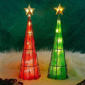 img 4 attached to 🎄 Juegoal Set of 2 Lighted Christmas Table Decorations with Golden Top Star, Battery Operated Cone Shaped LED Lights, Indoor Xmas Holiday Winter Wedding Party Tabletop Desk Ornament, Green & Red
