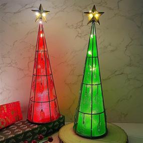 img 1 attached to 🎄 Juegoal Set of 2 Lighted Christmas Table Decorations with Golden Top Star, Battery Operated Cone Shaped LED Lights, Indoor Xmas Holiday Winter Wedding Party Tabletop Desk Ornament, Green & Red