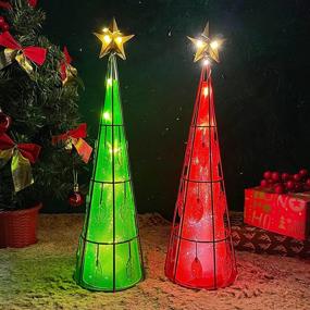 img 2 attached to 🎄 Juegoal Set of 2 Lighted Christmas Table Decorations with Golden Top Star, Battery Operated Cone Shaped LED Lights, Indoor Xmas Holiday Winter Wedding Party Tabletop Desk Ornament, Green & Red