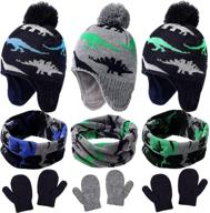 🧣 stay cosy and cute: 9-piece winter hat scarf mittens set with pompom dinosaur beanie and knitted toddler gloves, complete with warm fleece scarf logo