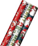🎁 подарочная бумага hallmark vintage christmas: линии для разрезания на обороте с веселыми сантами из карамели, классическим снеговиком и праздничными поздравлениями (3 рулона: 120 кв. фт. в общей сложности, красный, белый, темно-синий) логотип