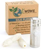 wowe natural biodegradable peace silk dental floss - refillable stainless steel container with 🦷 3 refills - 99 yards total - 6 month supply (natural mint) - candelilla wax logo