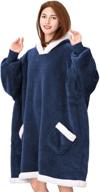 🔵 lianlam wearable blanket hoodie: cozy sherpa sweatshirt with sleeves and pocket for adults, navy blue oversized logo