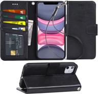 📱 arae case for iphone 11: premium pu leather wallet cover with stand feature, wrist strap, and 4-slots for ids & credit cards - black (6.1 inch, 2019 released) logo