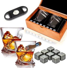 img 4 attached to 🥃 Bezrat Vintage Whiskey Cigar Glasses Set With Side Cigar Holder + Chilling Stones and Accessories in Wooden Box - Ideal Scotch Bourbon Gift Set for Dad, Husband, Fathers Day, Birthday Celebration