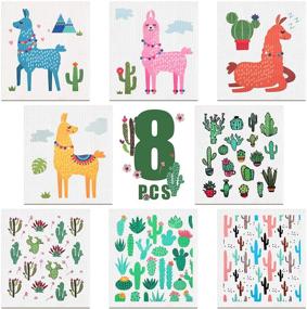 img 4 attached to Set of 8 Reusable Swedish Kitchen Dishcloths - Absorbent Sponge Cleaning Cloths for Kitchen Cleaning, Llama Cactus Design - No Odor Dishcloth - 8 Styles Available