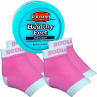 👣 bodiance moisturizing gel heel socks/sleeves, 2 pairs, pink - includes o'keeffe's healthy feet foot cream for cracked heels - callus treatment bundle logo